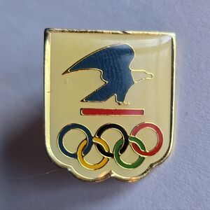 Vintage USPS Olympics Rings Lapel Pin With Blue Eagle And Red Bar Design